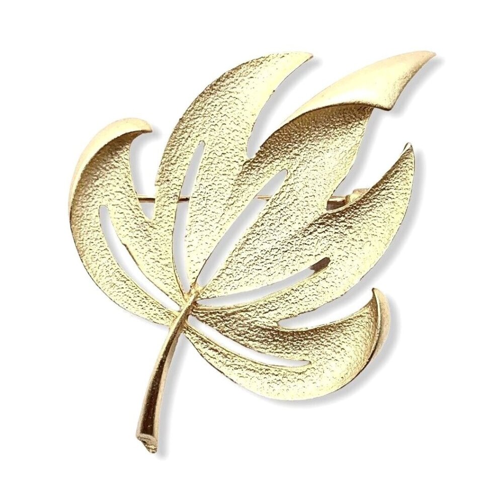 Vintage Autumn Falling Leaf Brushed Textured Gold Tone Brooch Metal NOS